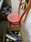 Painted red bentwood chair and a box of household lighting etc E/T