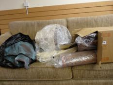 Box and bag of small rugs and soft furnishings