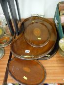 Four Sheraton style mahogany trays all with central shell inlay