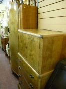 1930's two piece walnut bedroom set of double door serpentine front wardrobe and tallboy