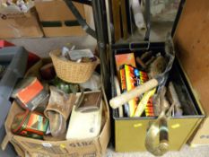 Mixed box of vintage collectables, brass effect coal box and contents, vintage bread board etc