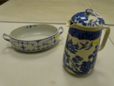 Blue and white twin handled Staffs food server and a Willow lidded jug