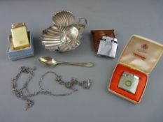 EP shell shaped dish and eggcup, a silver chain and three vintage lighters including a Crown
