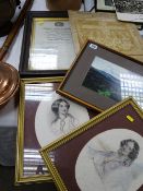 Parcel of paintings, prints, ephemera relating to Penarth Swimming Club, copper warming pan, coal