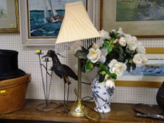 Brass reeded column table lamp, metal bird sculpture etc