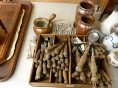 Quantity of wooden handled cutlery, three salt glazed stoneware containers and two reconstituted