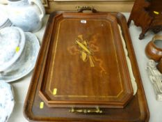 Three vintage trays including a brass handled example with musical instruments inlay