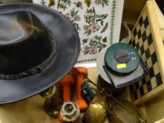 Box of mixed household items, Patagonian hat etc