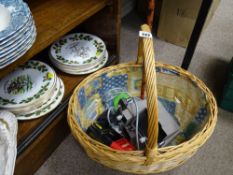 Wicker basket with mixed contents including Super 8 viewer by Rank Elektra etc