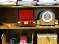 High lacquered jewellery box, polished mantel clock etc