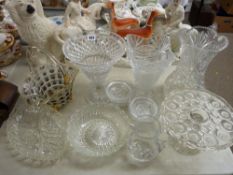 Good selection of cut glass and other vases and bowls, a Victorian pedestal cakestand etc