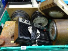 Crate of vintage clocks, dials etc