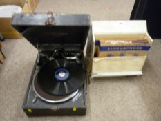 Wind-up picnic gramophone, cased quantity of records etc