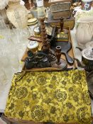 Two handled wooden tray, modern clock and barometer, selection of treen lamps and candlesticks,