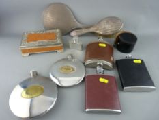 Collection of gent's hip flasks, a hallmarked mirror and brush set etc