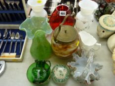 Mixed collection of glassware including an iridescent vase, a Mary Gregory type jug and bowl, a
