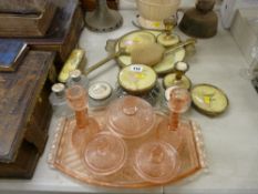 Filigree dressing table set, an Art Deco pink glass example etc