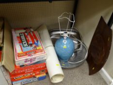Quantity of vintage board games, table lamp, service ware, navigational charts etc