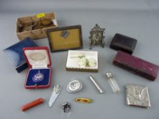 Mixed box of collectables including pre-decimal coinage, miniature portrait frames, owl decorated