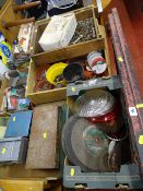 Large quantity of screws, nuts, bolts, grinding wheels, small chests with a quantity of loose