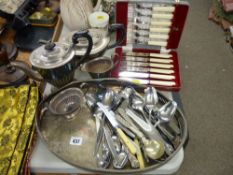 Four piece EP teaset, two handled galleried tray and a quantity of boxed and loose cutlery