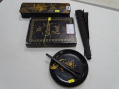 Oriental black japanned box, floral decorated fan, similar items and a box full of vintage keys,