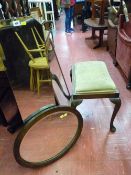 Three vintage wall mirrors and an upholstered top walnut stool