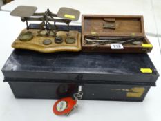 Deed box with key (key with staff), a set of postal scales and weights etc