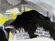 NICK HOLLY mixed media - landscape with terraced houses & pylons, entitled verso 'Kilvey Hill: