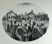 DAVID CARPANINI artist proof monochrome oval print - South Wales valley streets with four figures