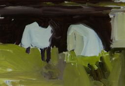 ESTHER TYSON oil on linen - river with sheep entitled verso on Fountain Fine Art label verso 'Down