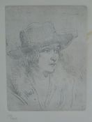 AUGUSTUS JOHN limited edition (45/750) etching - head & shoulders portrait of Dorelia in hat &
