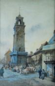 EDWIN COLE watercolour - Aberystwyth square with town-clock and flower sellers, signed & dated 1923,
