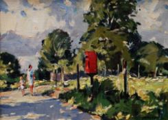 EDWIN FORREST oil on board - mother & child walking along a lane with red postbox, signed, 21 x