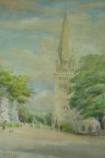 ALFRED THOMAS FISHER watercolour - Llandaff Cathedral with figures and dog, signed, 37 x 25cms
