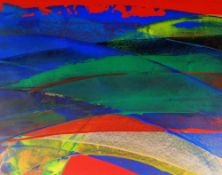 ELFYN LEWIS acrylic - semi-abstract landscape, entitled verso 'Gwaelod y Garth', signed verso and