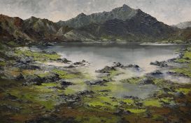 CHARLES WYATT WARREN oil on board - expansive Snowdonia scene with lake in the foreground &