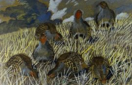 CHARLES FREDERICK TUNNICLIFFE mixed media - study of seven grouse feeding in grassland, signed, 38 x