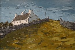 WYN HUGHES oil on canvas - whitewashed hilltop cottage with three chimneys, signed, 24 x 34cms
