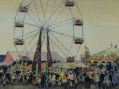 GYRTH RUSSELL watercolour - busy fairground scene with big wheel, unsigned, 30 x 40cms Provenance: