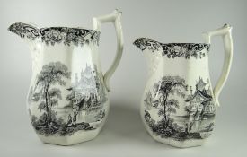 TWO DILLWYN & CO OCTAGONAL 'CUBA' JUGS with black transfer printed scenes and foliate decoration,
