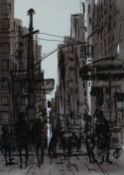 KAREL LEK inkwash - figures in a New York avenue, signed, 40 x 28cms