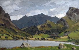 SIR KYFFIN WILLIAMS RA oil on canvas - expansive mountainous landscape with lake in the