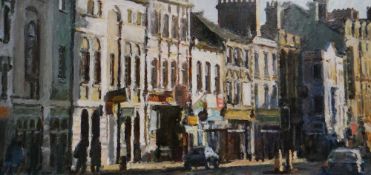 MARK SAMUEL oil on board - Cardiff street scene with figures, shops & cars entitled on Martin Tinney