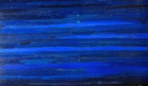 JOHN PETTS oil on small door panel - view of a body of water in various blues, signed & dated