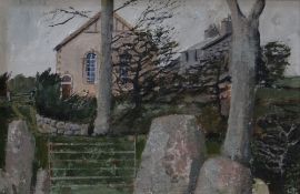 ELLIS GWYN oil on board - chapel and house behind trees, entitled verso 'Engedi', signed with