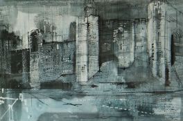 JOHN PIPER framed coloured print - architectural study of Caernarfon Castle, 33 x 49cms