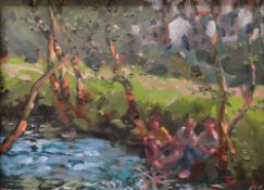 KEVIN SINNOTT oil on panel - three seated boys on a river bank, entitled verso on Martin Tinney