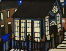 KARL DAVIES oil on canvas - chapel at night with the glow of light through windows, signed verso, 40
