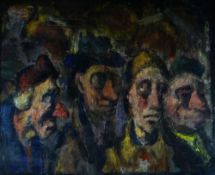 GEORGE CHAPMAN oil on paper laid to board - a crowd of distorted figures circa 1944, entitled
